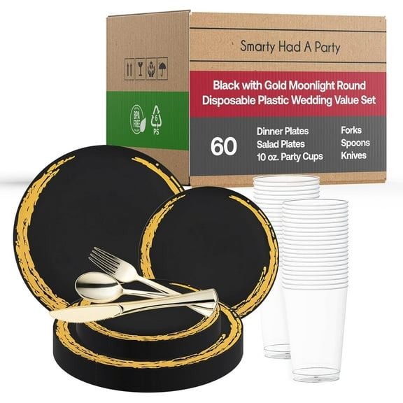 Smarty Had A Party Disposable Plastic Plates, Moonlight Design, Dinnerware Sets for Wedding, Birthday and other Occasions (Black with Gold, 60 Guests (Wedding Value Set))