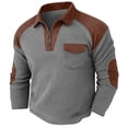 thumbnail image 2 of Kinrui Men's Waffle Knit Henley Sweatshirts Casual V Neck Long Sleeve Stand Collar Tops Patchwork Muscle Pullover Sweatshirt with Elbow Patch Brown L, 2 of 7