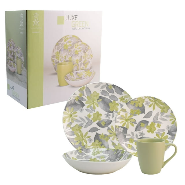 Vajilla de Cerámica, Colección Luxe, Color Verde, Diseño Floral, 16 Piezas Para 4 Personas