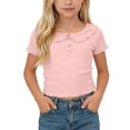 thumbnail image 1 of KyCheLot Girls' Summer T-Shirts Button Round Lapel Neck Solid Color Short Sleeve Tops Trendy Comfortable T-Shirts, 1 of 7
