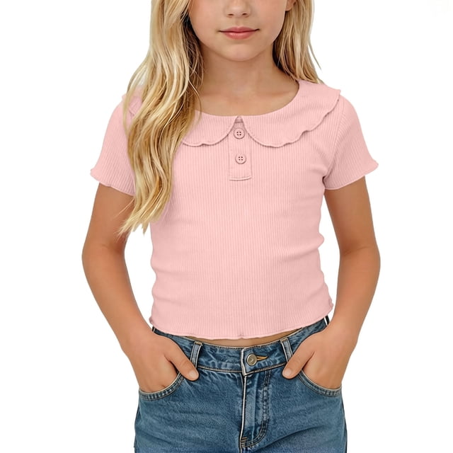 KyCheLot Girls' Summer T-Shirts Button Round Lapel Neck Solid Color Short Sleeve Tops Trendy Comfortable T-Shirts
