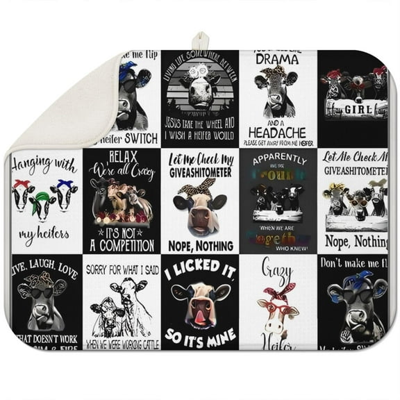 Cow Print Dish Drying Mat for Kitchen Counter - Super Absorbent Microfiber Heat Resistant Drying Pad for Farmhouse Rustic Decor