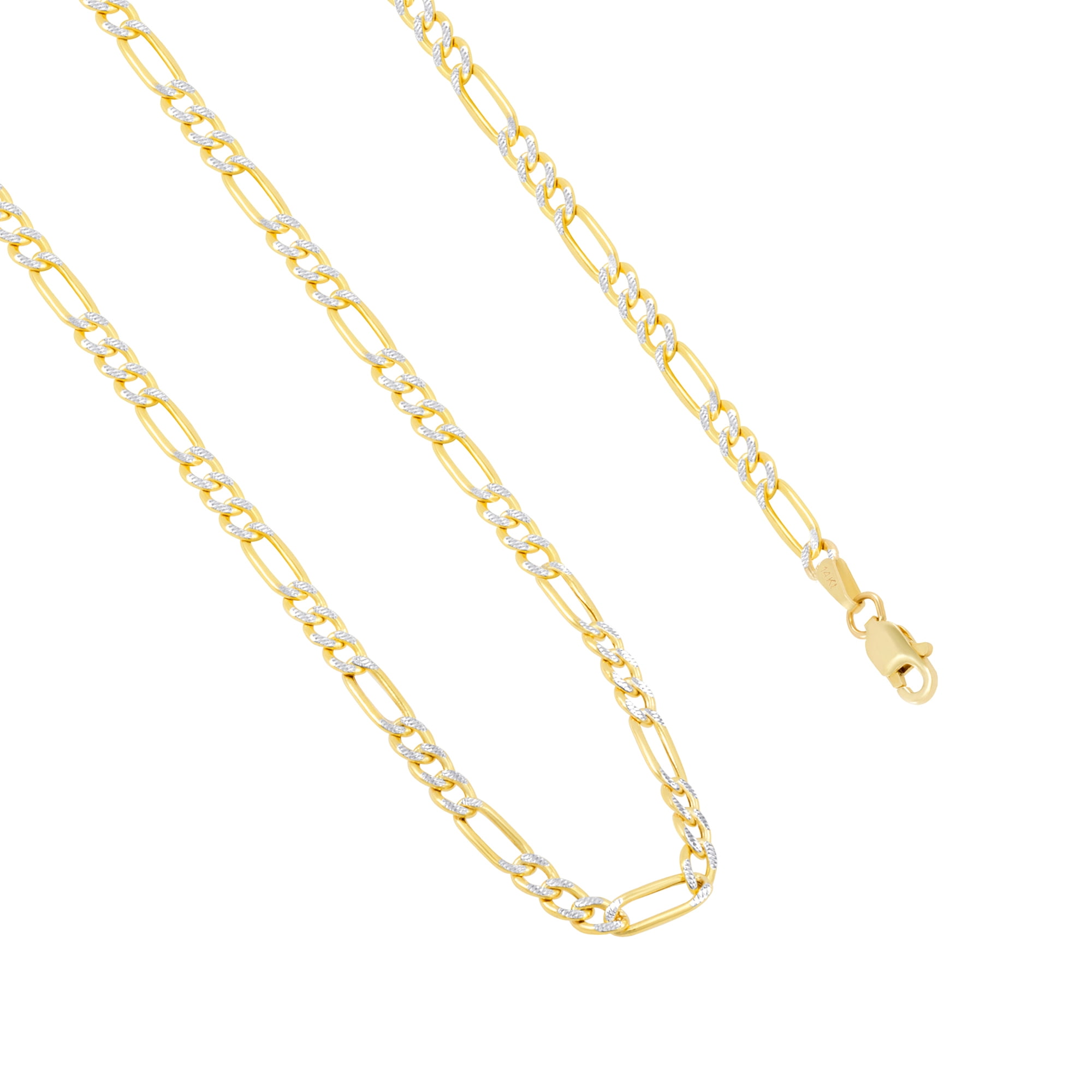 Nuragold 14k Real Yellow Gold Solid Figaro Link 2.5mm Diamond Cut Pave Chain Necklace (16"-26") Two Tone Italian Jewelry for Men & Women