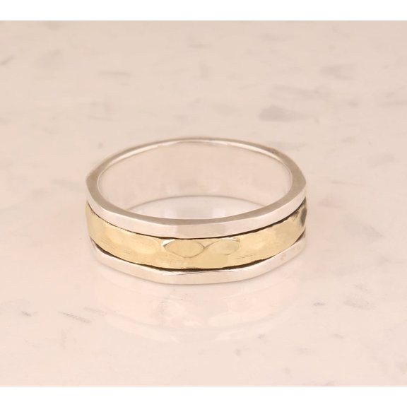 SS DESIGNS Solid 925 Sterling Silver Hammered Textured Two-Tone Band Spinner Ring for Men & Women, Handmade Silver Meditation Band Fidget Anxiety Ring