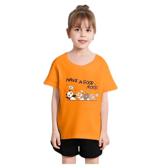 Chemises pour Tout-Petits Mode Imprimée Col Rond Manches Courtes Tee Décontracté Ample T-Shirt Hauts pour Filles, Tees Orange 8 Ans-10 Ans