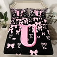 thumbnail image 2 of jejeloiu Monogrammed U Bed Sheets,Cute Bowknot Bowtie King Sheets,Light Pink Black Sheet Set,Microfiber Room Decorative,4-Piece, 2 of 7