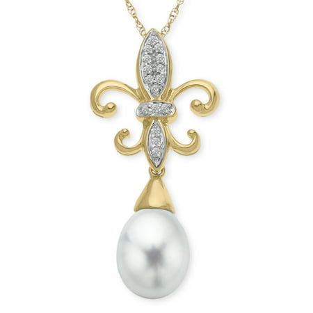 Freshwater Pearl Fleur-De-Lis Pendant Necklace with Diamonds in 10kt Gold