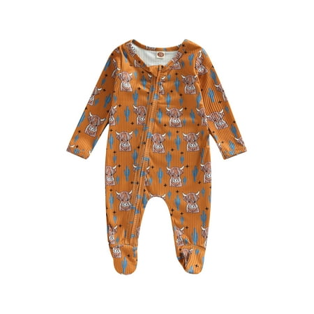 

Jkerther 0-18M Baby Boys Girls Jumpsuit Long Sleeve Crew Neck Bull/Cactus/Horse Print Fall Romper Bodysuit