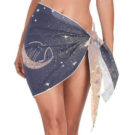 Cat in Moon Sky Clouds Women Coverups Beach Cover Up Chiffon Swimsuit Bikini Wrap Short Skirt Beach Slit Tie Waist