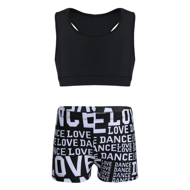 TiaoBug Kids Girls Basic 2 Piece Active Outfit Racer Back Crop Top and Shorts Set for Gymnastics Dancing Workout Black S