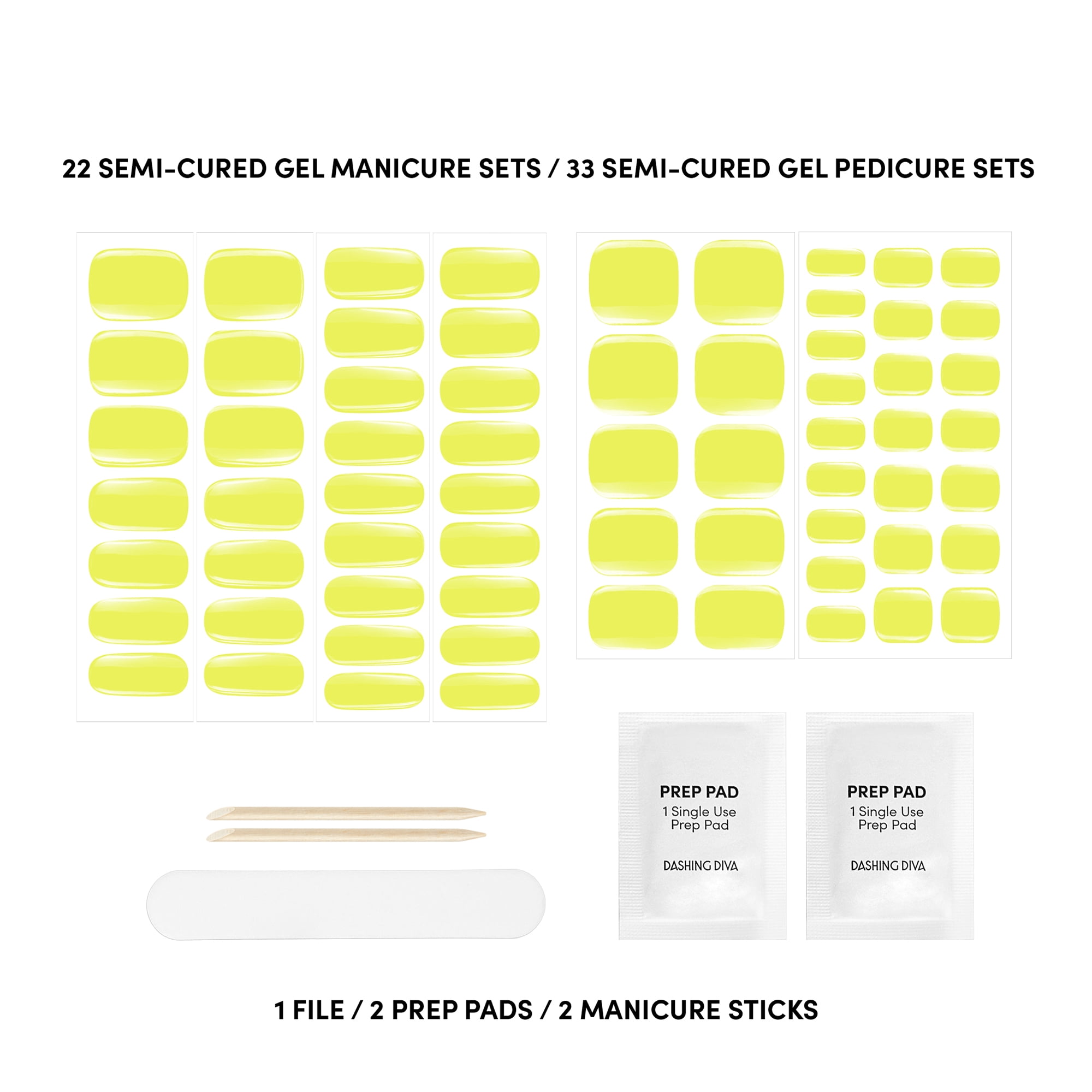 Dashing Diva Glaze LED Semi-Cured Gel Salon Mani + Pedi Kit, Gel Nail Strips,  Limone, 55 Count