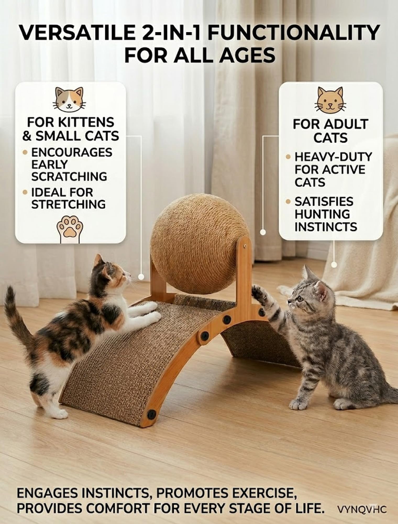 Cat Scratching Ball on Stand 2-in-1 Wood Cat Scratcher with Interactive Arch Bridge and Spinning Scratching Orb Indoor Cats Scratch Pad Furniture Protector