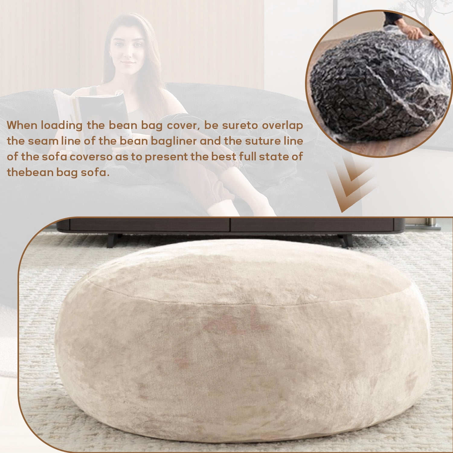 3FT Bean Bag Chair for Adults Teens, apricot high-density foam Filled Soft Sofa, Removable Flannel Cover Round Couch for Living Room Bedroom Dormbrown