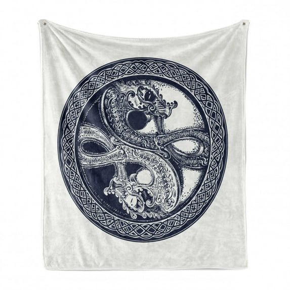 Celtic Dragon Soft Flannel Fleece Throw Blanket, Mystic Yin Yang Creatures in Round Frame, Cozy Plush for Indoor and Outdoor Use, 60" x 80", Violet Blue Off White, by Ambesonne