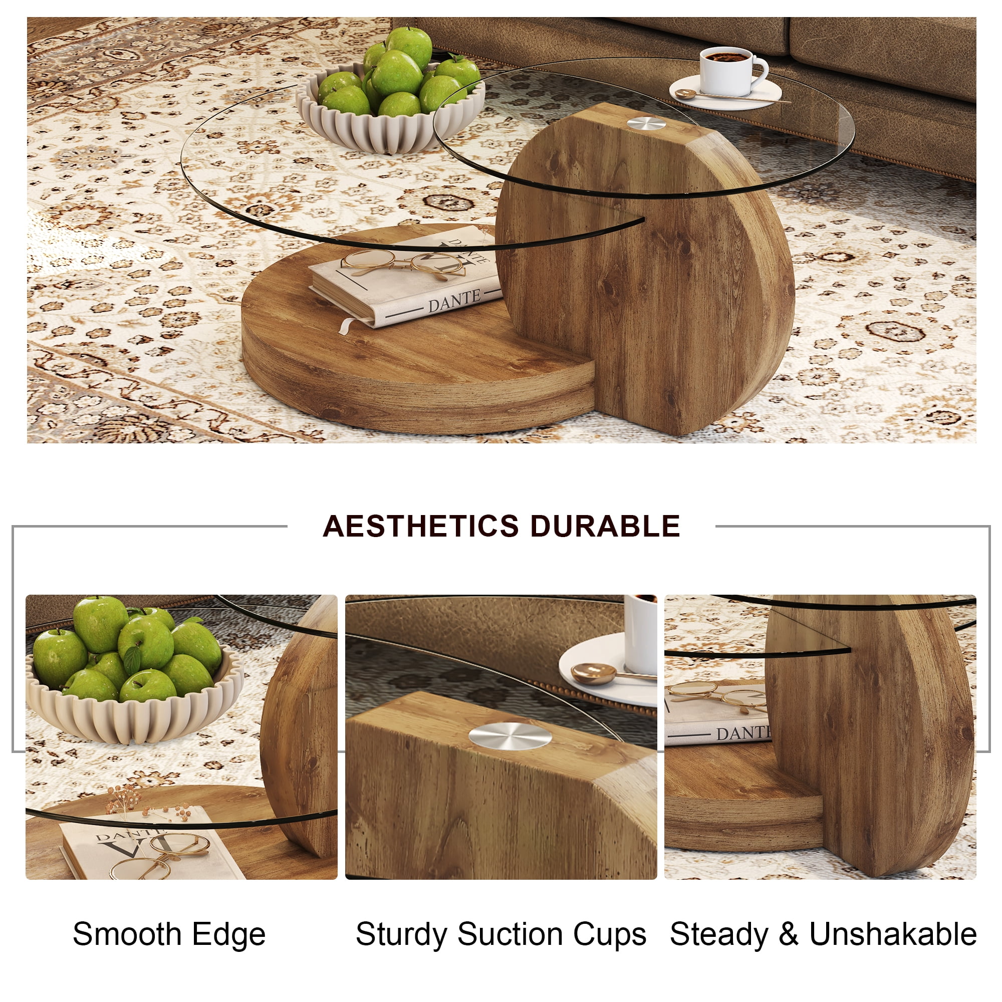 Vanress 42" Glass Coffee Table, Round Coffee Table, Modern Double Layer Round Glass Coffee Table for Living Room, Wood