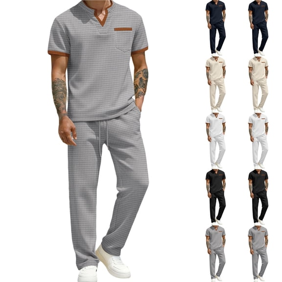 mihongmao Summer Mens Outfits Gym Sets Vacation Outfits Men's Solid Color Short Sleeve V-neck Pocket T-shirt Straight Pants Set White L