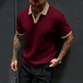 thumbnail image 2 of OIOLOYJM Men's Casual Short Sleeve Cable Knit Texture Polo Shirts Cotton Stretch V Neck Johnny Collared Tee Summer Vacation Travel Beach Lounge Golf Shirts Wine 2XL, 2 of 5