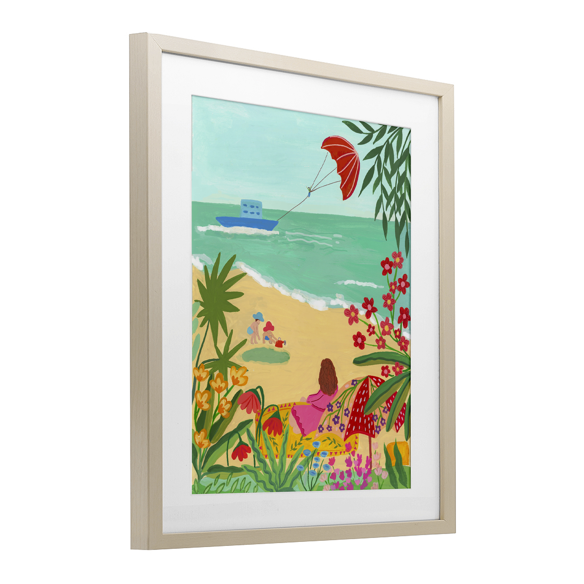 Beach And Flowers View Birch Framed Print Under Glass, design by Nabeela Rumi