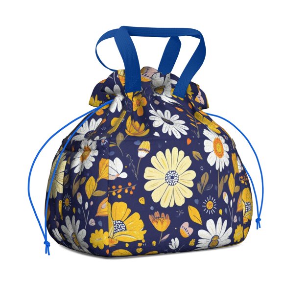 Pioneer Flower Drawstring Lunch Bag Women - Drawstring Lunch Bag Insulated for Work Office - Stain-Resistant Large Lunchbags for Women with Multi-Pockets