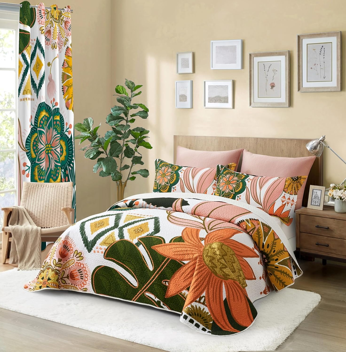 Tyrot 3-Piece Boho Floral Quilt Farmhouse Reversible Full/Queen Microfiber Bedding Quilt Sets Soft Touch, 90"x96"