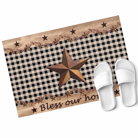 Country Stars Door Mat Bless Our Home Berries Black Plaid Farm Wood Grain Non Slip Absorbent Entrance Mat Washable Low Profile Indoor Doormat for Front Door Entryway Entry 18"x30"