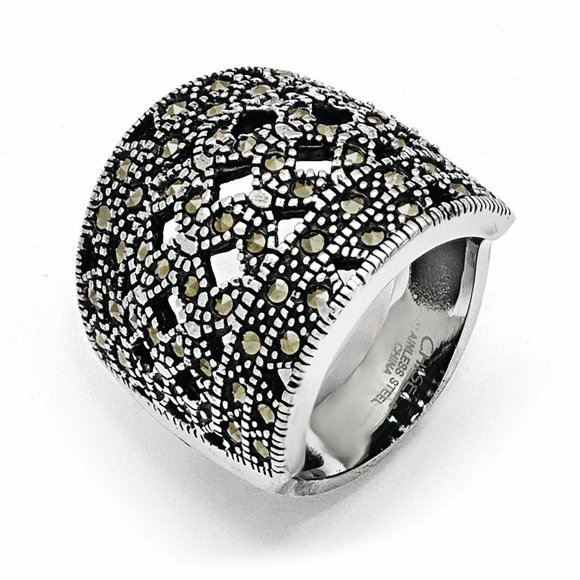 Stainless Steel Polished and Antiqued Marcasite Ring Size 7