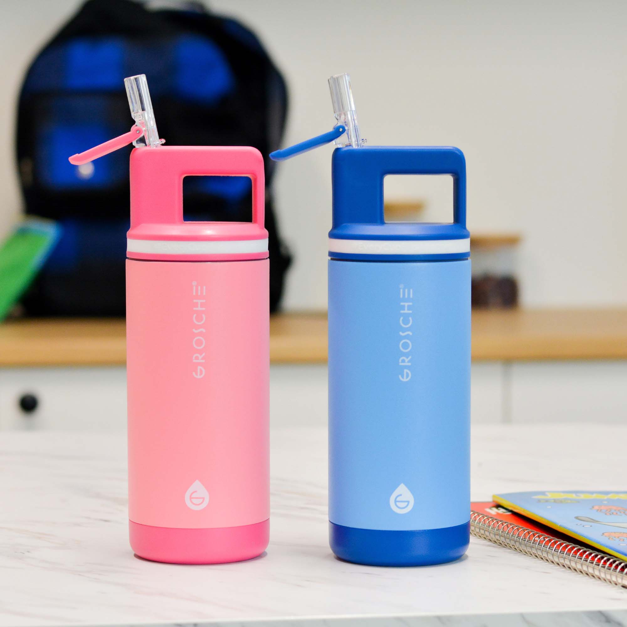 Pack of 2: ALPINE Flip 'N Sip Kids Insulated Water Bottle With Straw - 16oz Kids Water Bottle - Pink + Blue