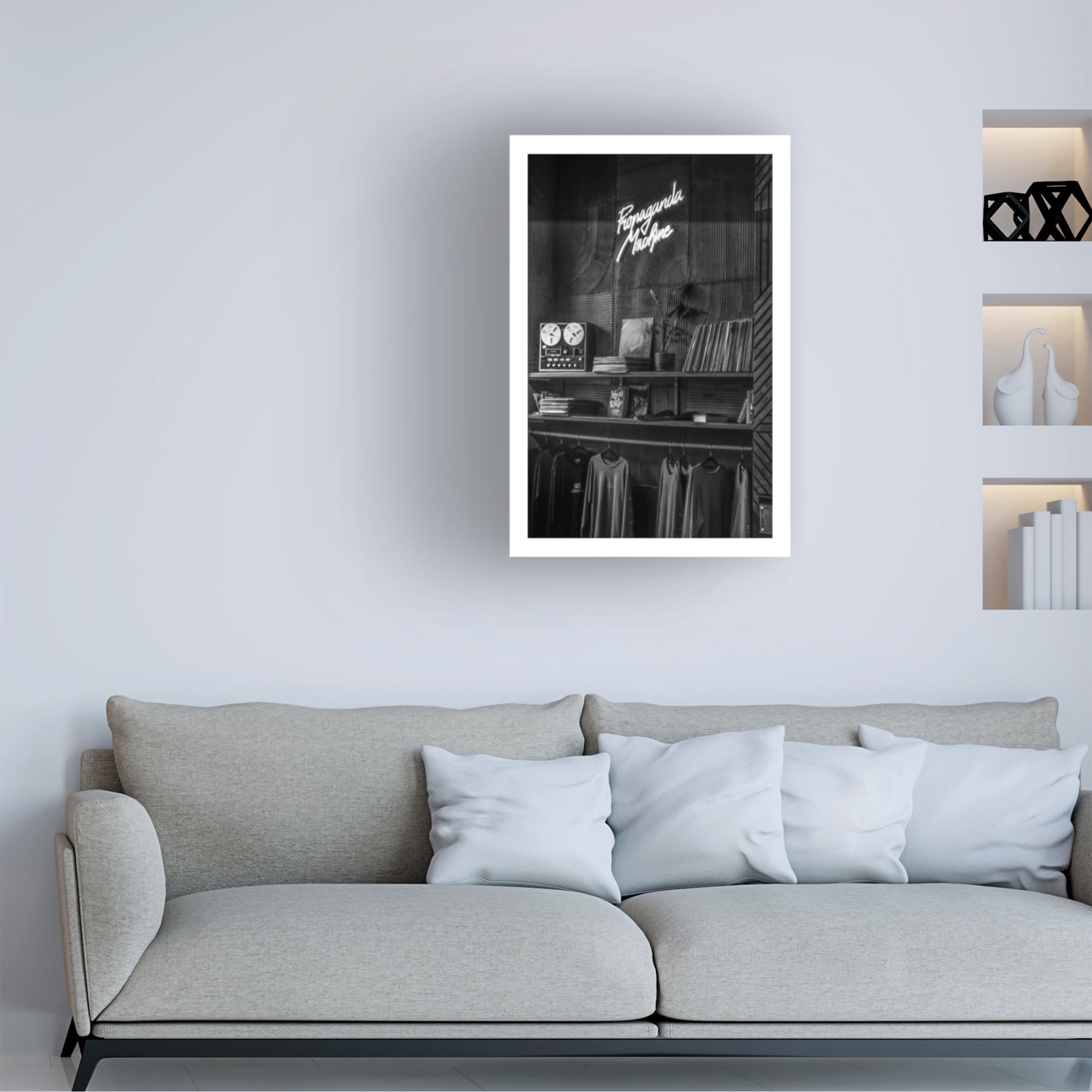Canvas Wall Art - Yury A Melnikov 'Coffee Shop Interior Tape Recorder Books Jumpers' Wall Art for Living Room, Bedroom, or Office Décor by Trademark Fine Art - 12 x 19 Inches