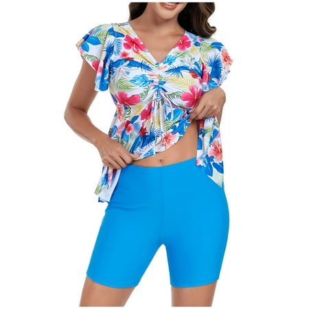 Idoravan Womens Bikini Swimwear Set Clearance Ladies Fashion Multicolor Leaf Flower Print Short Sleeve Women Swimsuit Swimming Trunks Set