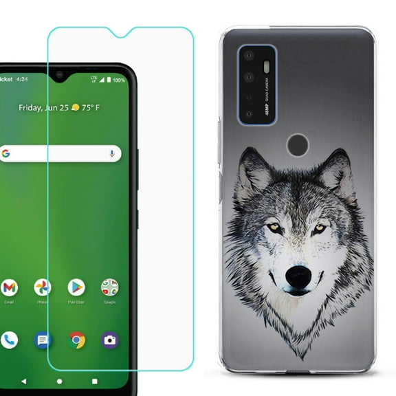 Shockproof Bumper Phone Case for AT&T Radiant Max 5G / Fusion 5G, with Tempered Glass Screen Protector, by OneToughShield ® - Wolf Face