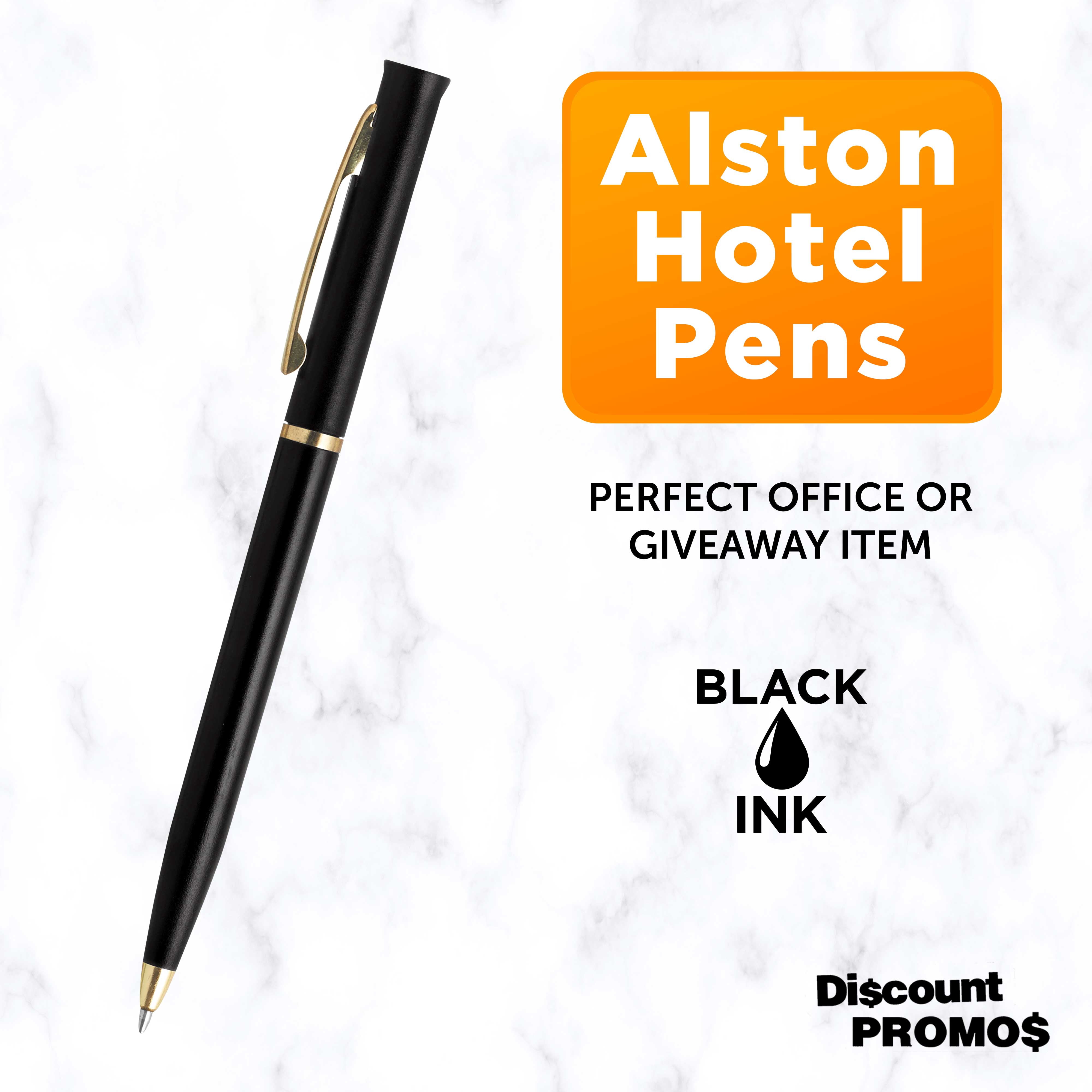 10 Alston Hotel Pens Pack - Ballpoint, Gold Metal Accent - Black