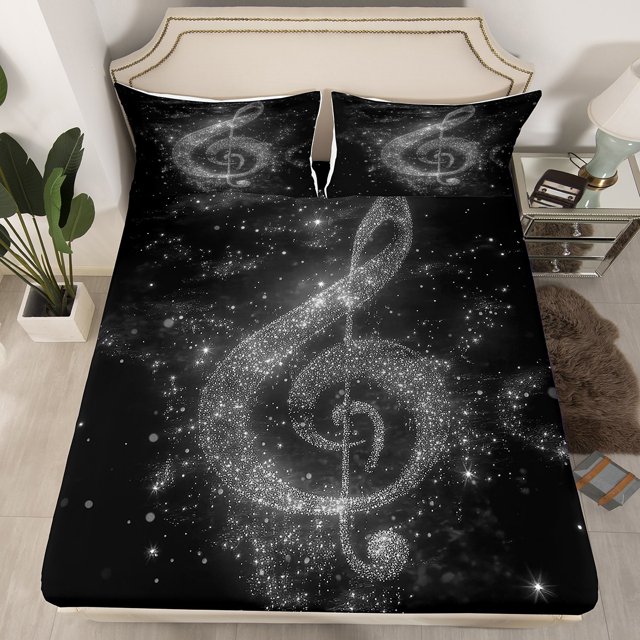 Ensemble de Literie Note de Musique Taille Simple Chic Gliver Sequins Imprimé Pailleté Étoilé (Pas Réel) Ensemble de Lit pour Adolescents Enfants Drap Thème Musique Romantique Housse de Lit Mode (1 Drap-Housse + 1 Taie d'Oreiller)