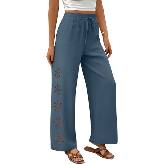 Maqroz Women's Drawstring Elastic Waist Wide Leg Pants Side Cutout Floral Detail Boho Casual Trousers Loose Summer Beach Pants Flowy Vacation Daily Outfit