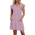 thumbnail image 3 of Noric Women's V Neck Striped Mini Dresses Ruffle Cap Sleeve with Pockets Relaxed Fit Casual Summer Lightweight Flowy Casual Dresses, 3 of 7