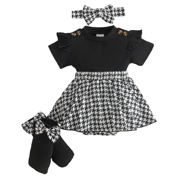 Faraee Newborn Baby Girl Clothes Smocked Bubble Romper Dress Socks Headband Cute Summer Infant Girls 3 Piece Outfits (9-12 Months,Black)