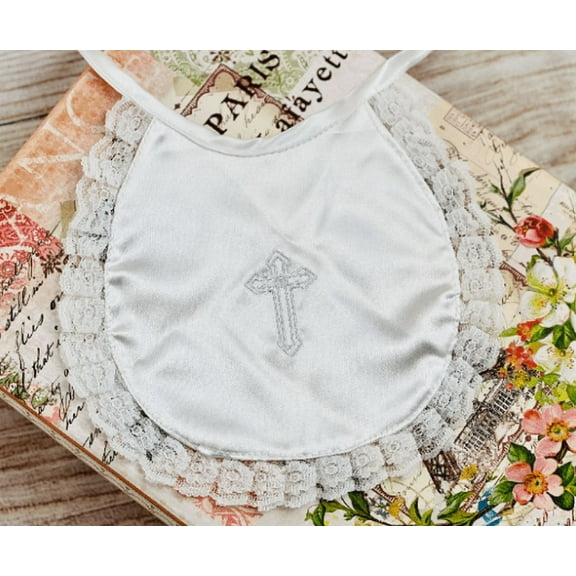 Laurenza's Baby Boys Girls Gender Neutral Baptism Bib Christening Bib Embroidered Cross Lace