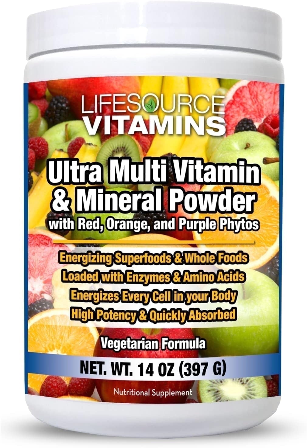 LifeSource Vitamins Ultra Mineral & Multivitamin Powder with Phytos – Naturally Flavored Vitamin Powder for Immune Support - 14 oz
