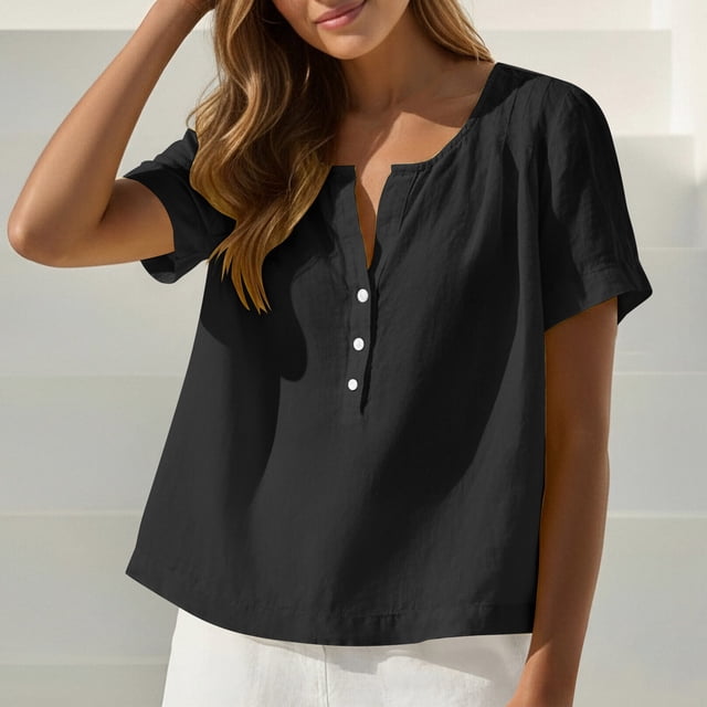 Craaazy Women's Casual V Neck Blouse, Solid Color Short Sleeve Cotton Linen Top, Loose Fit Comfy Henley Tunic for Daily Wear Gifts