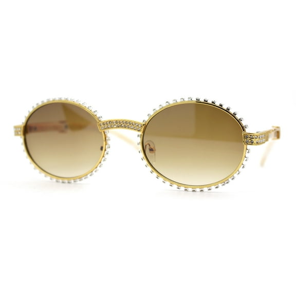 Heavy Rhinestone Trim OG Rapper Woodgrain Arm Oval Sunglasses Gold Beige Brown