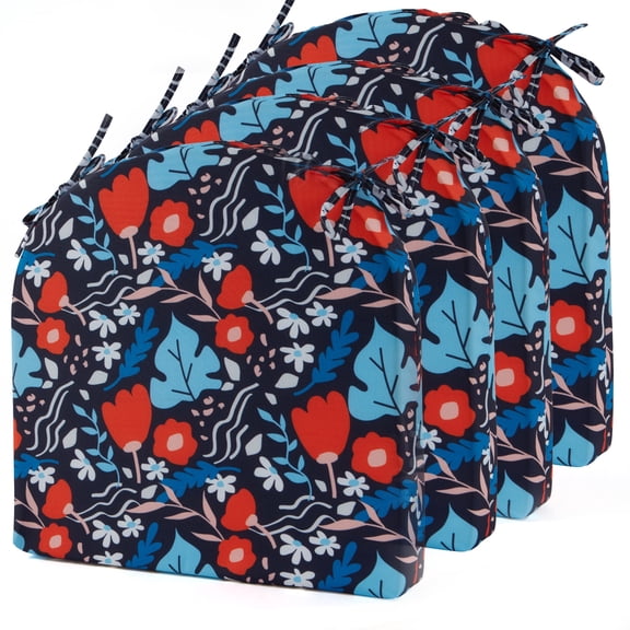 Outdoor Chair Cushions Set of 4, Outdoor Seat Cushion Pads for Patio Furniture, 4 Packs U-Shape Round Corner Patio Chair Cushions High Density Sponge Chair Pads with Ties,17"*16"*2", Blue/Flower