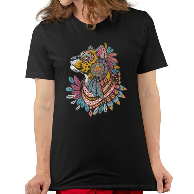 Playera Dama Jaguar Con Plumas Animal Azteca Once Playera manga corta