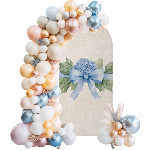 Hydrangea Flower Arch Backdrop Cover, Spandex Fitted Wedding Arch Cover, Pastoral Blue Bow Floral Spring Lraf Round Top Stand Covers for Birthday Ceremony Bridal Shower Party Decor 6x2.6 Ft