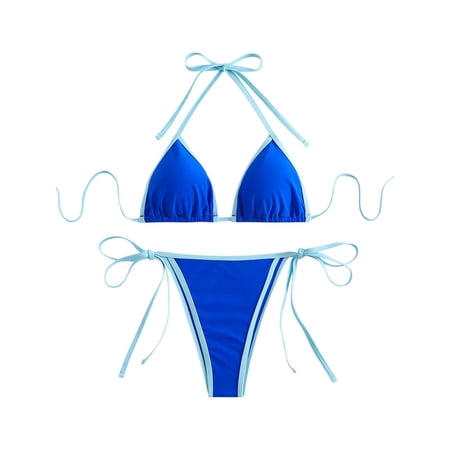 UTSJKR Savings Triangle Bikini for Women 2 Piece Halter Bikini Sets Sexy High Cut Bathing Suit Side Tie Bottom Swimsuits Blue S
