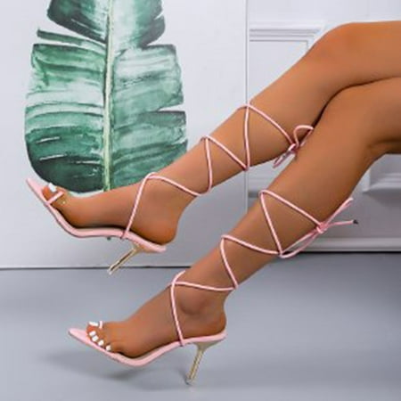 

Hvyesh Strappy Sandals for Women Casual Summer Casual Fashion Party Sandals Open Toe Side Lace-up With Style Shoes High Heels Size 7.5