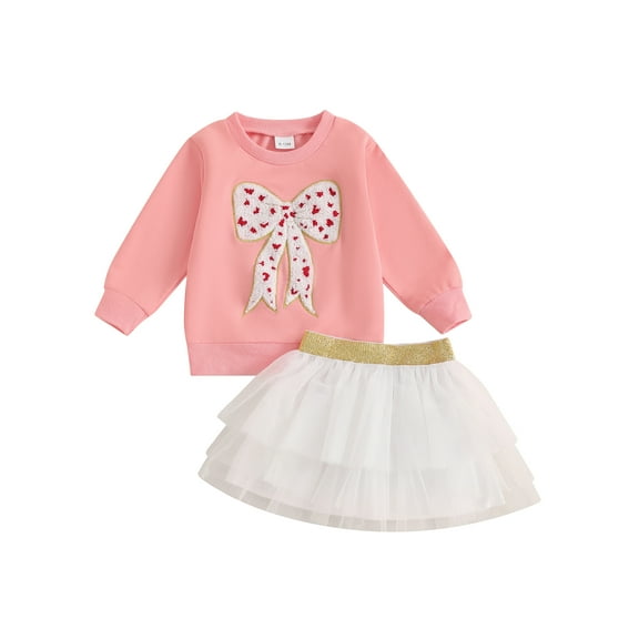 Toddler Kids Girl Fall Outfit 6 12 18 24 Months 2T 3T 4T Bow Embroidery Long Sleeve Sweatshirt with A Line Tulle Skirt Clothing Set