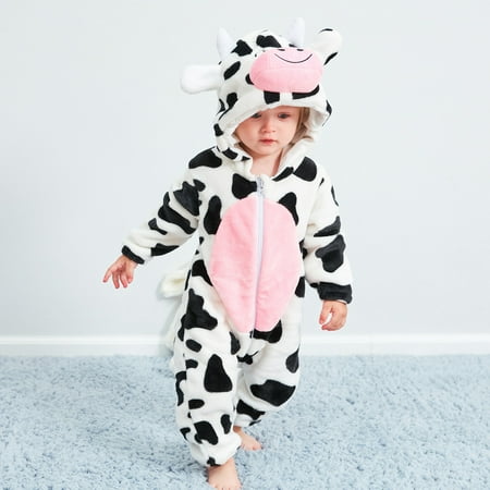 

Girls Jumpsuits Romper Baby Flannel Cartoon Spots Cow Print Hooded Romper Jumpsuit Sets