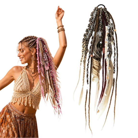 Boho Dreadlock Hair Extension, Elastic Dread Ponytail,Beaded Clip-in Braids