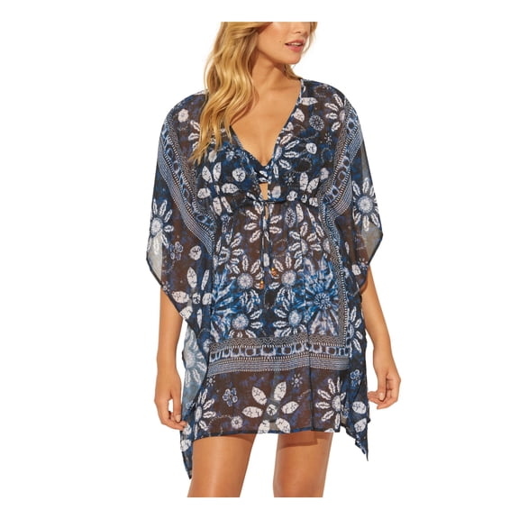 BLEU Women's Navy Printed Tie Caftan Dress Adjustable Deep V Neck Swimsuit Cover Up S