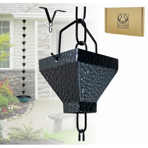 U-nitt Rain Chains, Roof Gutter Downspout Channel, Rainwater Catcher/Diverter, 8.5 FT, Metal, Black Powder Coated, Textured Square Cups with Chain, Modern, 5517BLK-CH