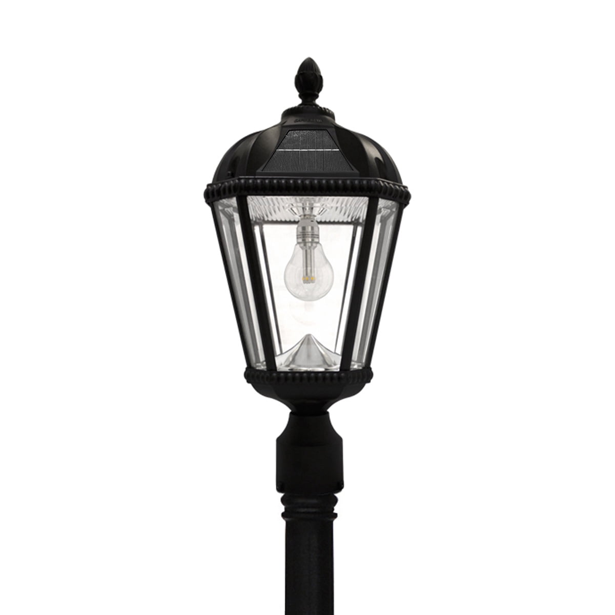 Gama Sonic Solar Outdoor Lamp Post Light, Black Cast Aluminum and Beveled Glass Panels, 10-Year Royal Bulb, Warm White LED with Omni-Direction Reflector, 87-inch Height, 98B001